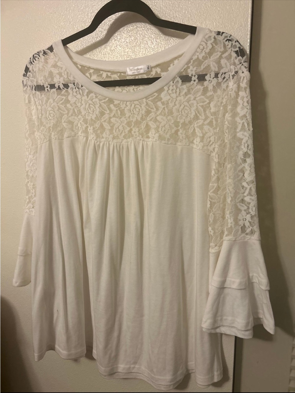 White Lace Yoke Bell Sleeve Women's Top